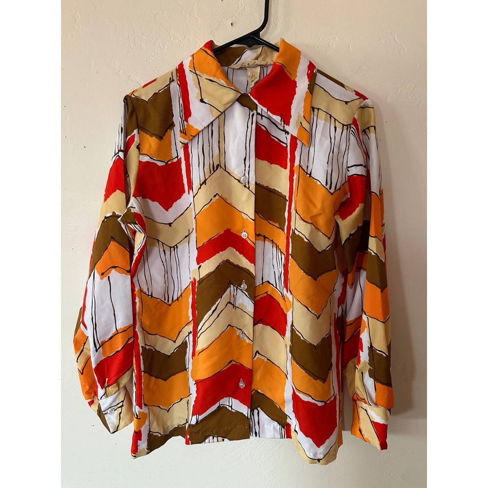 Vintage Lady Manhattan 70s Abstract Chevron Dagger Collar Blouse Orange Red - Picture 13 of 15